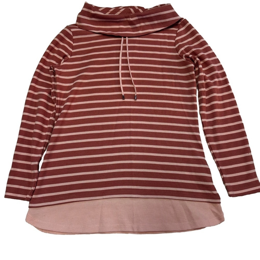 Denim & Co.  Striped Waffle Knit Tunic with Solid Trim Size XS Color Block Pinks